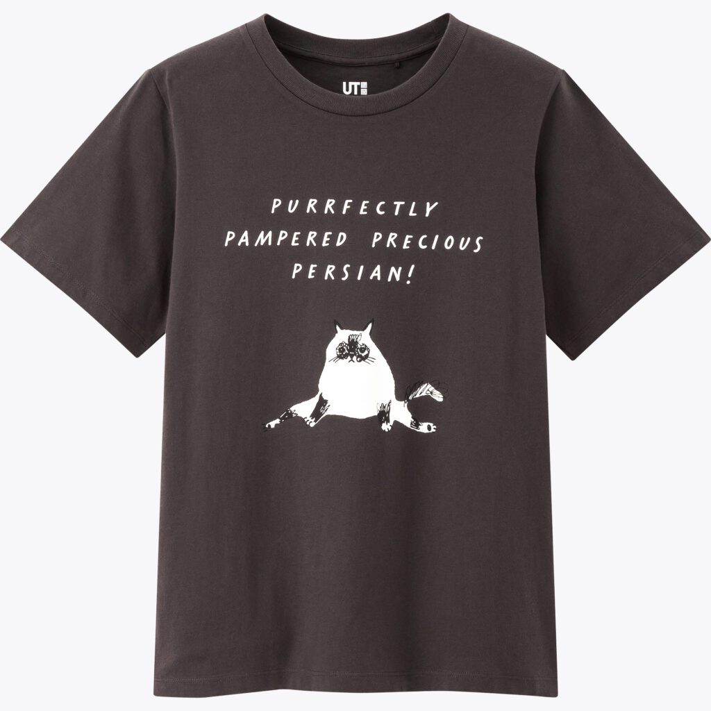 Black Uniqlo UT T-shirt featuring Marie Åhfeldt’s “Purrfectly Pampered Precious Persian!” cat illustration.