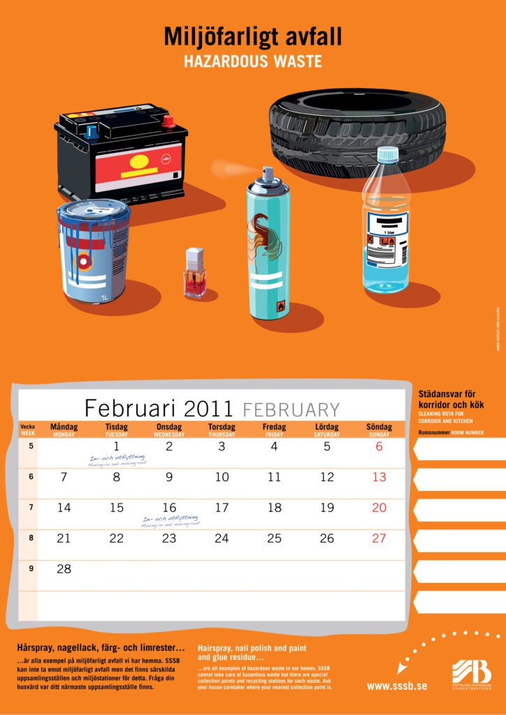 Printed wall calendar page for February 2011 featuring a hazardous waste illustration above a bilingual monthly calendar layout.