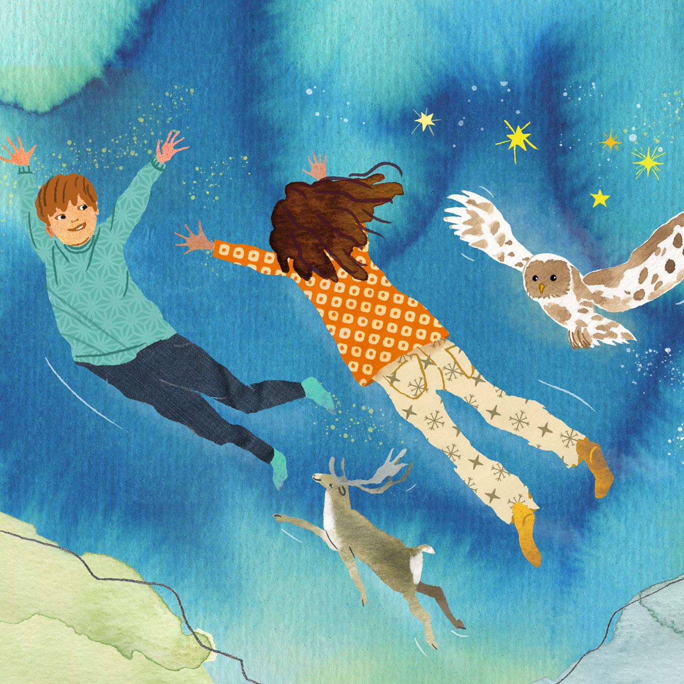 Children flying with an owl in a book illustration