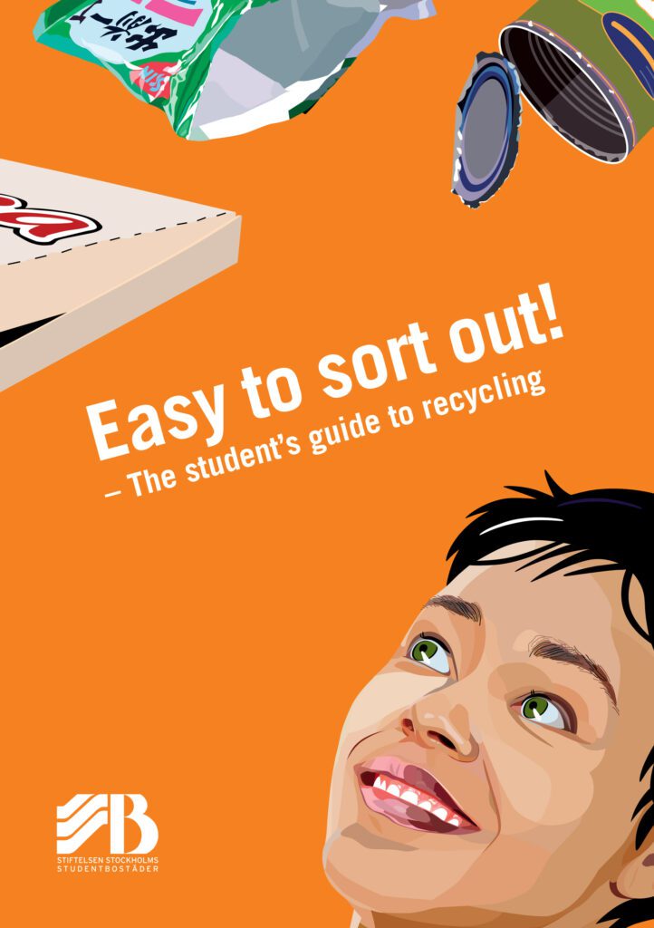 Orange cover illustration for a recycling guide, showing a smiling person looking up at floating recyclable items. The text reads “Easy to sort out! – The student’s guide to recycling”.
