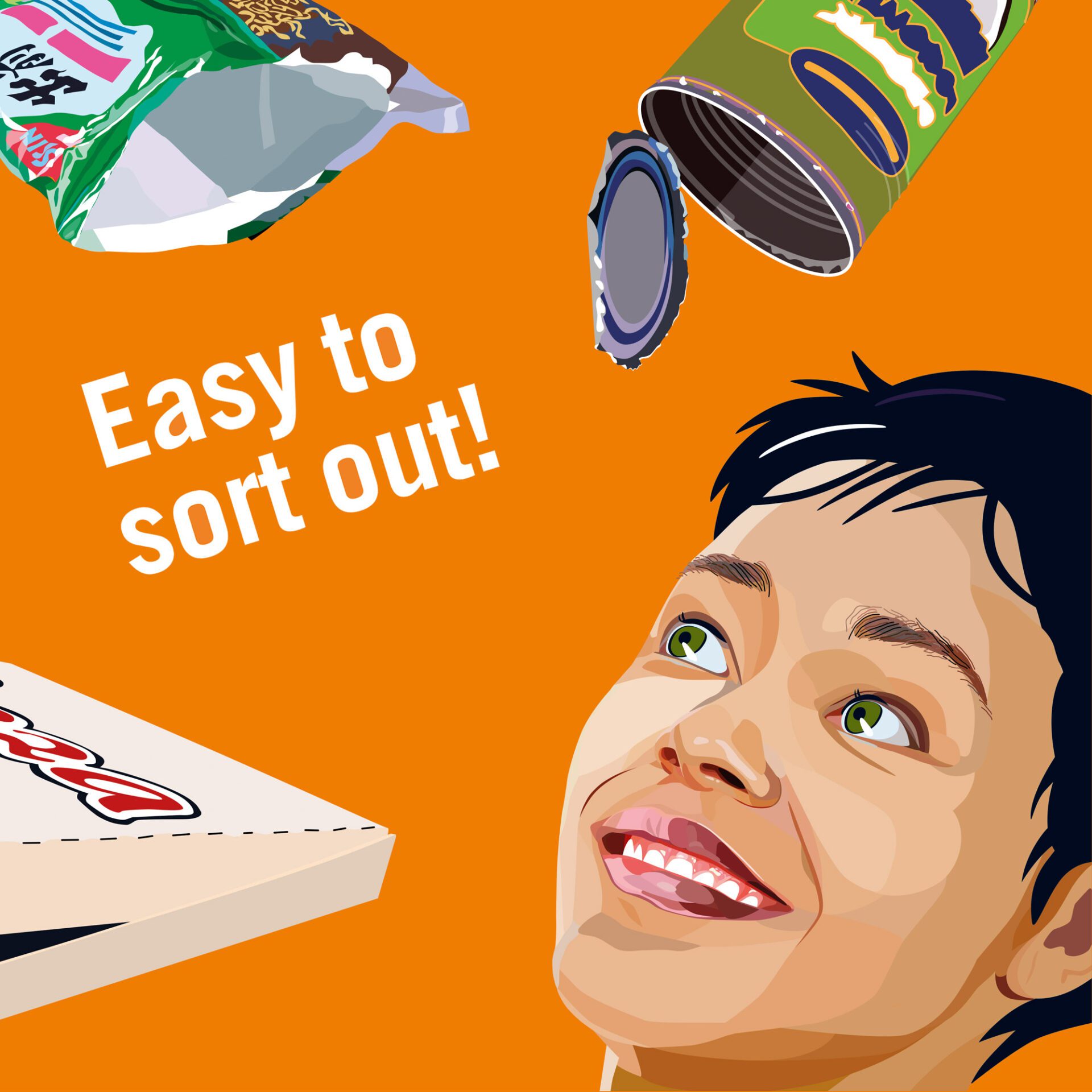 Square thumbnail showing an orange recycling guide cover illustration with a smiling person, the text “Easy to sort out!” and floating recyclable items.