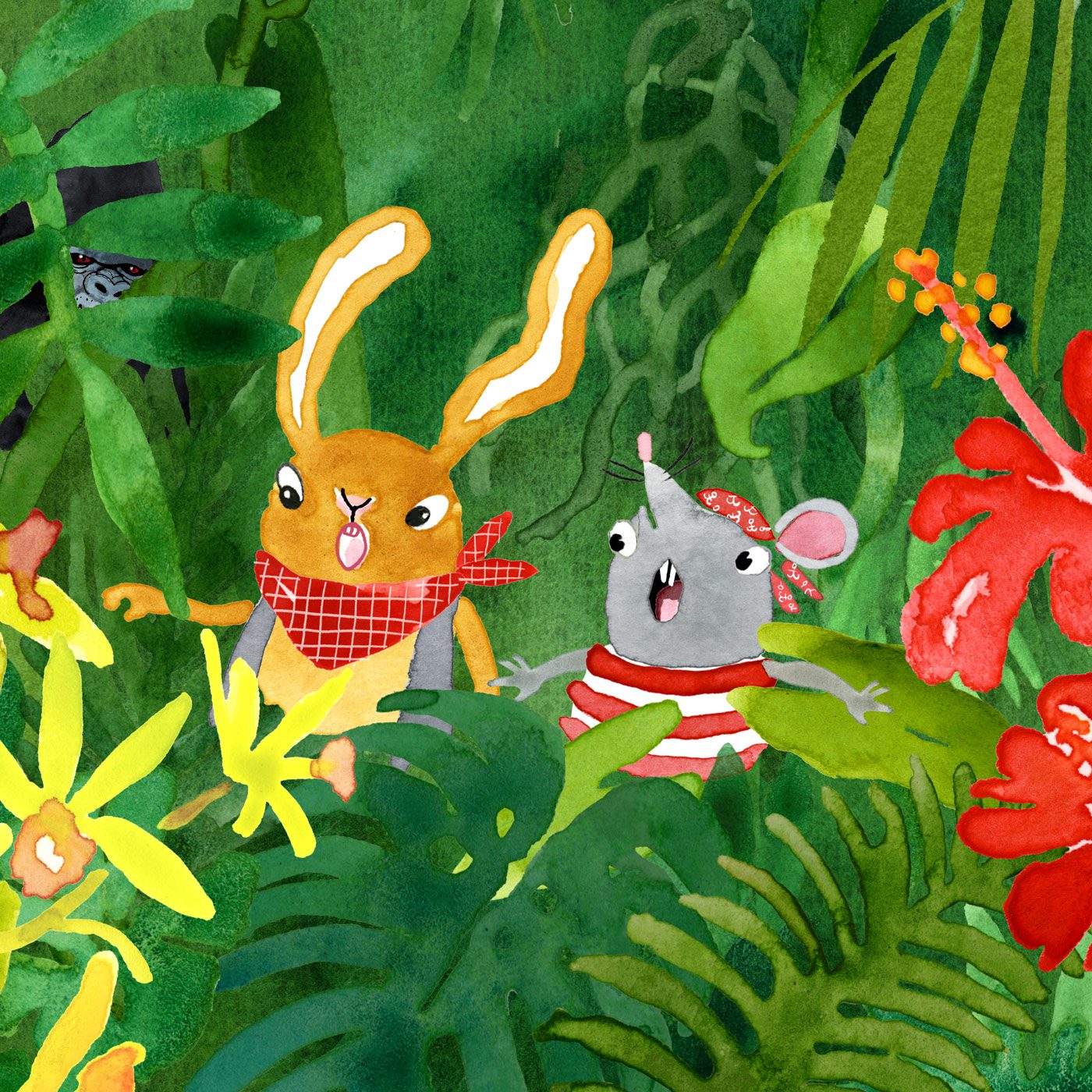 Mouse and rabbit in a jungle from a children’s book illustration
