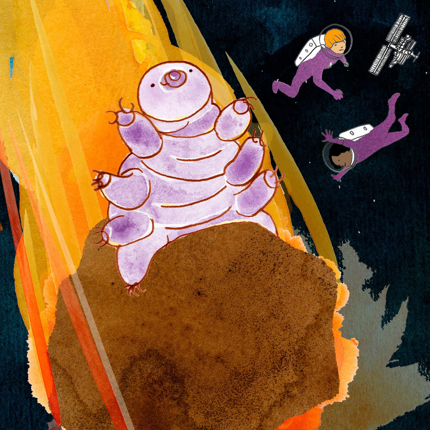 Tardigrade on a meteor in a children’s book illustration