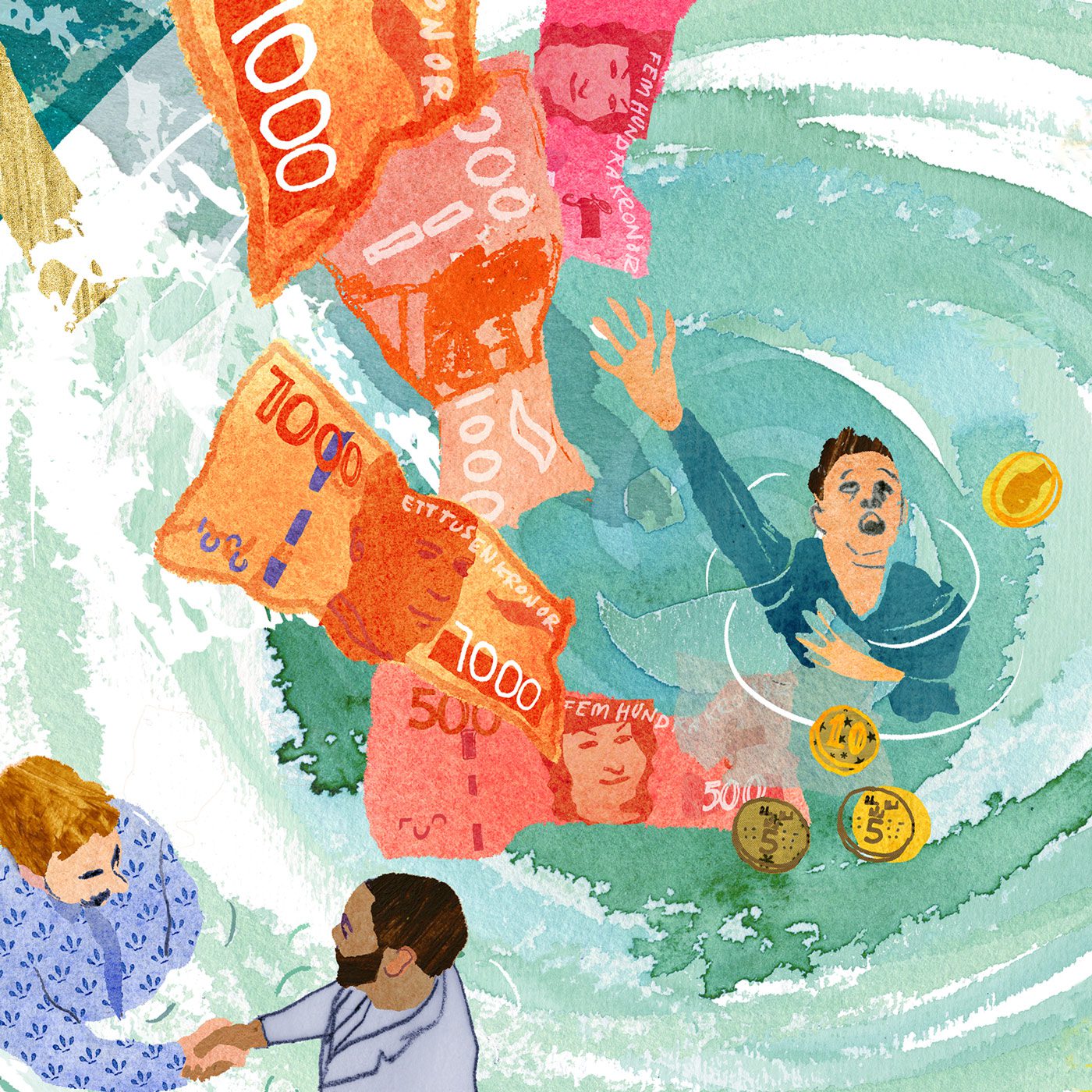 Man surrounded by swirling money in an editorial illustration