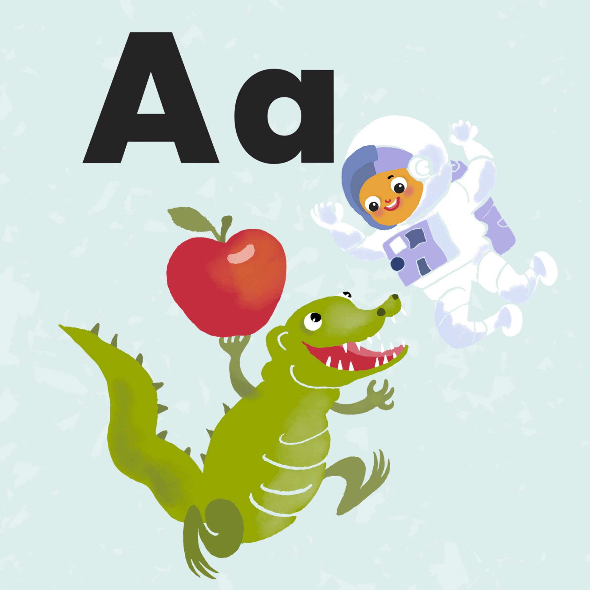 Letter A with astronaut, apple and alligator in an alphabet puzzle