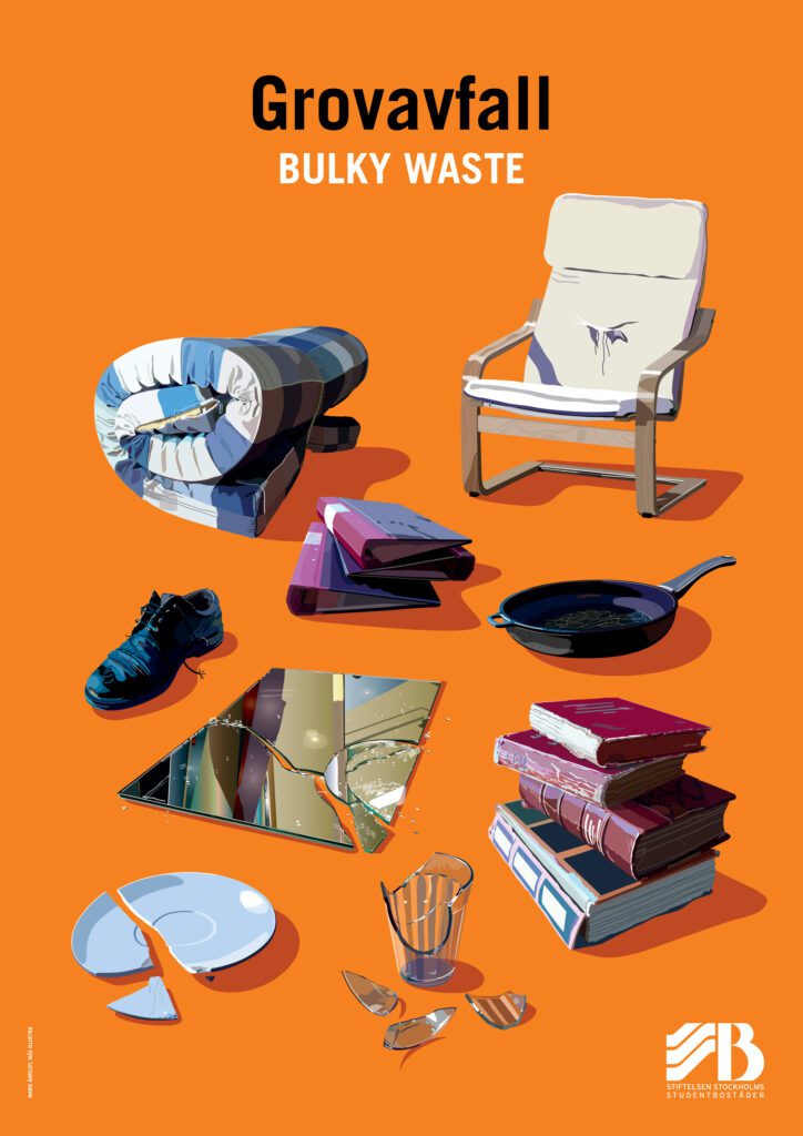 Bilingual recycling sign for bulky waste, illustrated with items such as a chair, rolled mattress, broken mirror, books and household objects.