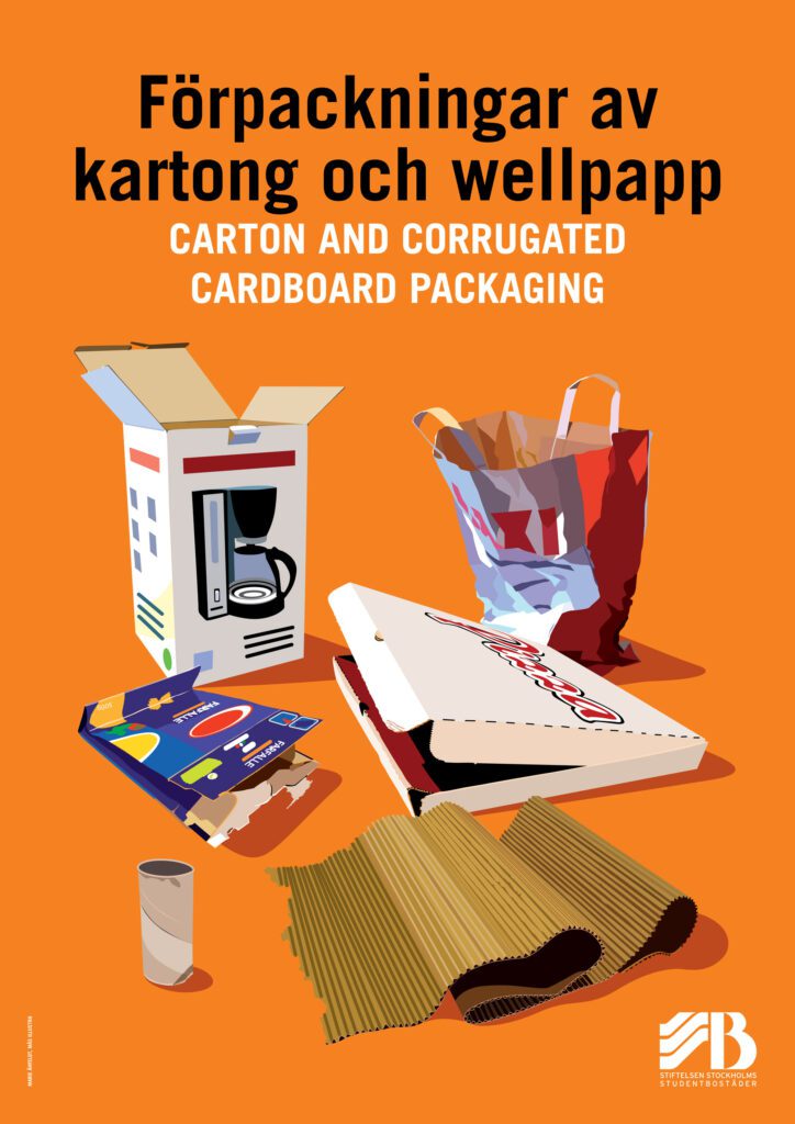 Bilingual recycling sign for carton and corrugated cardboard packaging, illustrated with a carton, paper bag, pizza box and corrugated cardboard.