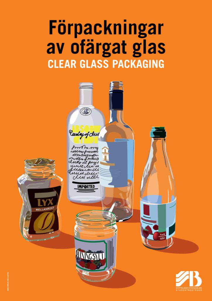 Bilingual recycling sign for clear glass packaging, illustrated with clear bottles and glass jars.