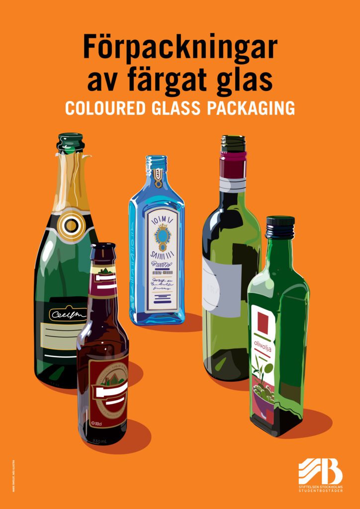 Bilingual recycling sign for coloured glass packaging, illustrated with green, brown and blue glass bottles.