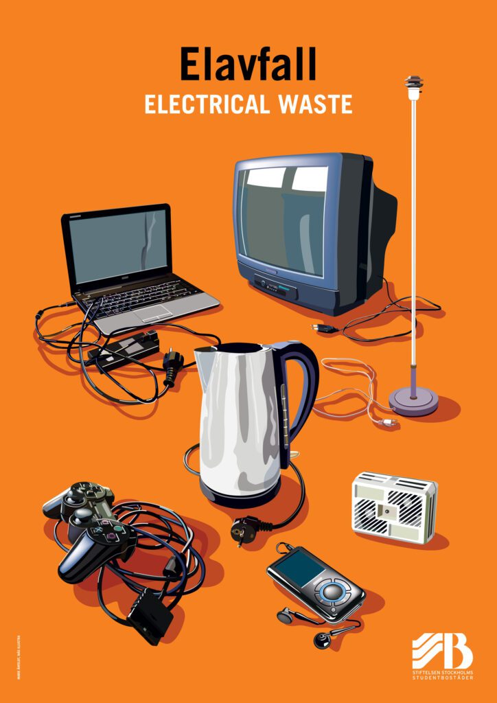 Bilingual recycling sign for electrical waste, illustrated with a laptop, television, kettle, cables, lamp and small electronics.