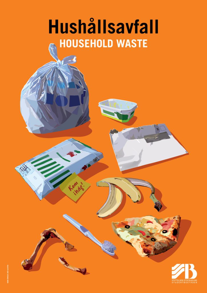 Bilingual recycling sign for household waste, illustrated with a black rubbish bag, food scraps, packaging, a toothbrush and other everyday waste.