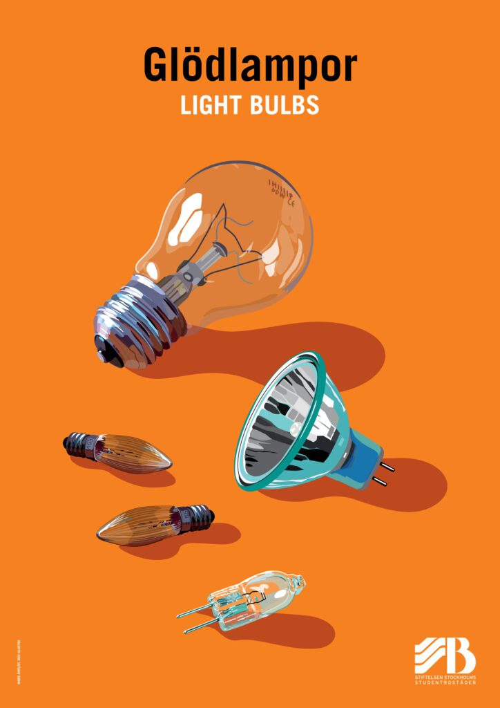 Bilingual recycling sign for light bulbs, illustrated with different types of bulbs and small lamps.