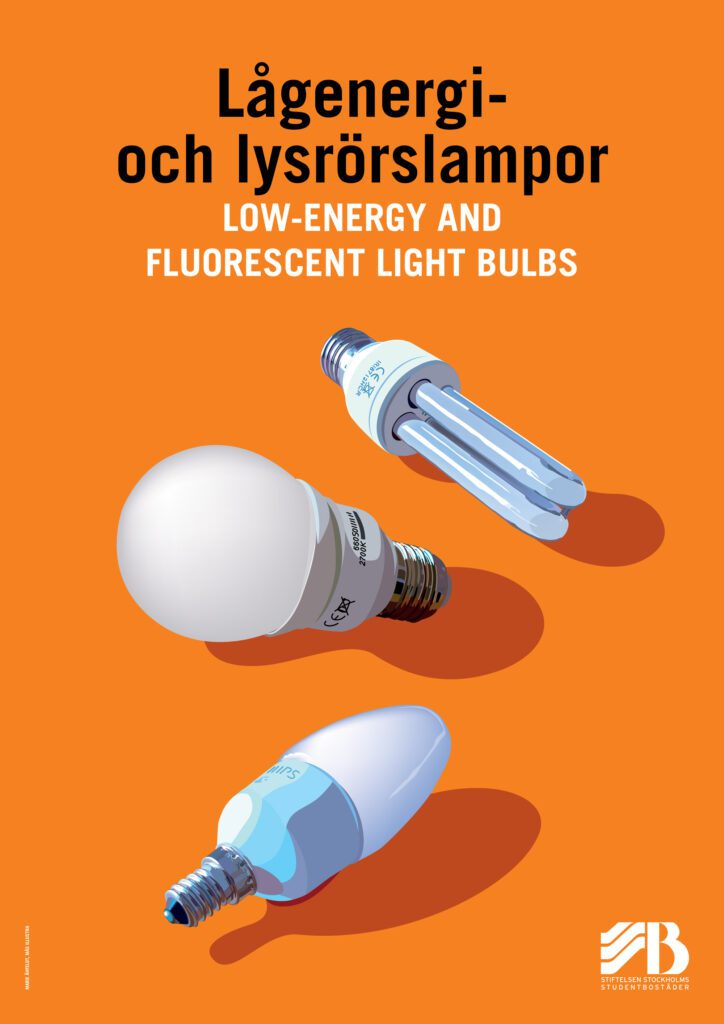 Bilingual recycling sign for low-energy and fluorescent light bulbs, illustrated with different energy-saving light bulbs.