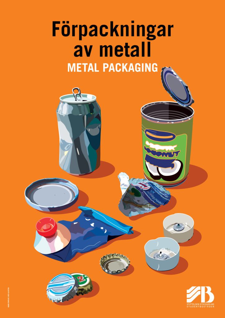 Bilingual recycling sign for metal packaging, illustrated with cans, lids, caps, foil packaging and metal tealight cups.