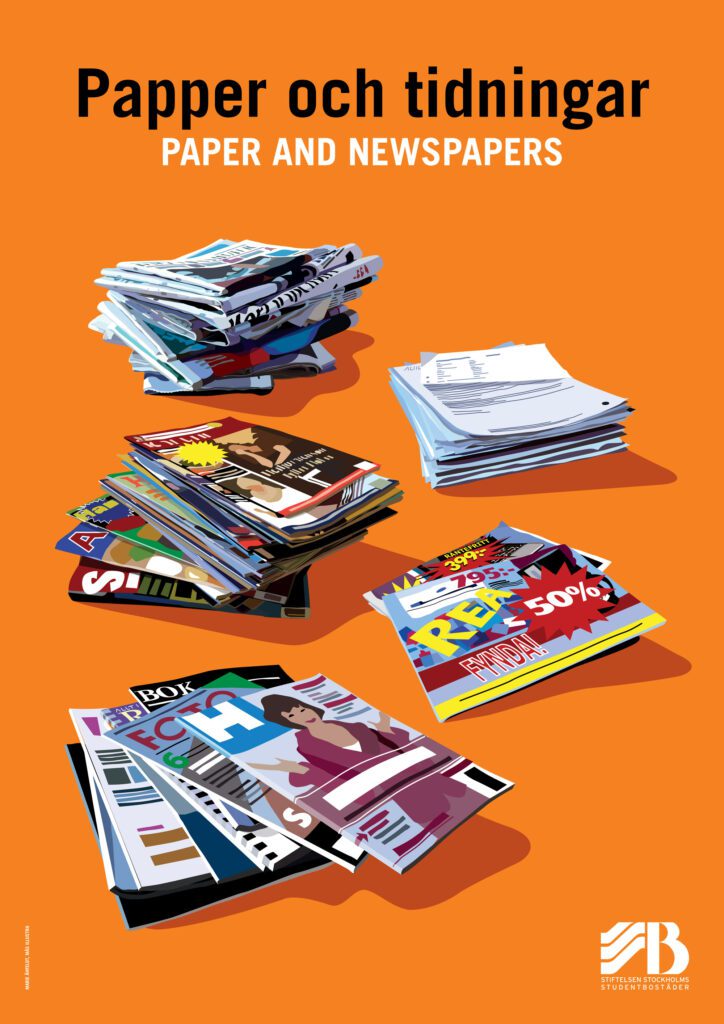 Bilingual recycling sign for paper and newspapers, illustrated with stacks of newspapers, magazines, loose papers and flyers.