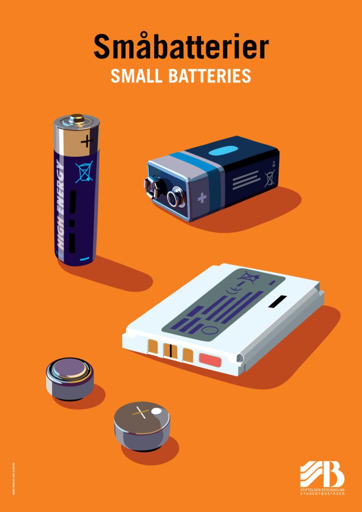 Bilingual recycling sign for small batteries, illustrated with common household batteries.