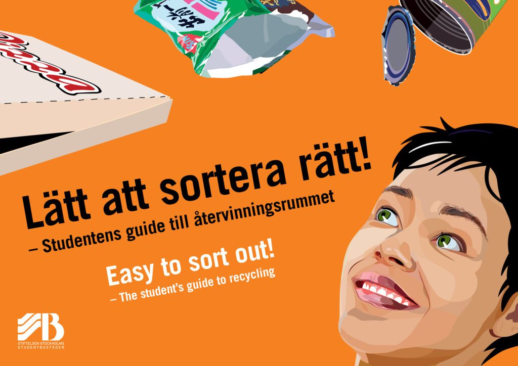 Bilingual wall calendar cover with Swedish and English recycling guide titles, floating recyclable items and a smiling person on an orange background.